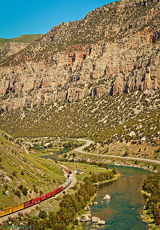 Wyoming, Wind River Canyon, Landscape with Train